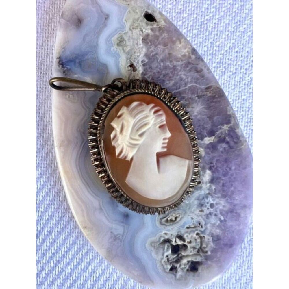 Antique Vintage Bari Italy 800 Silver Carved Shell Cameo & 14K GF Chain